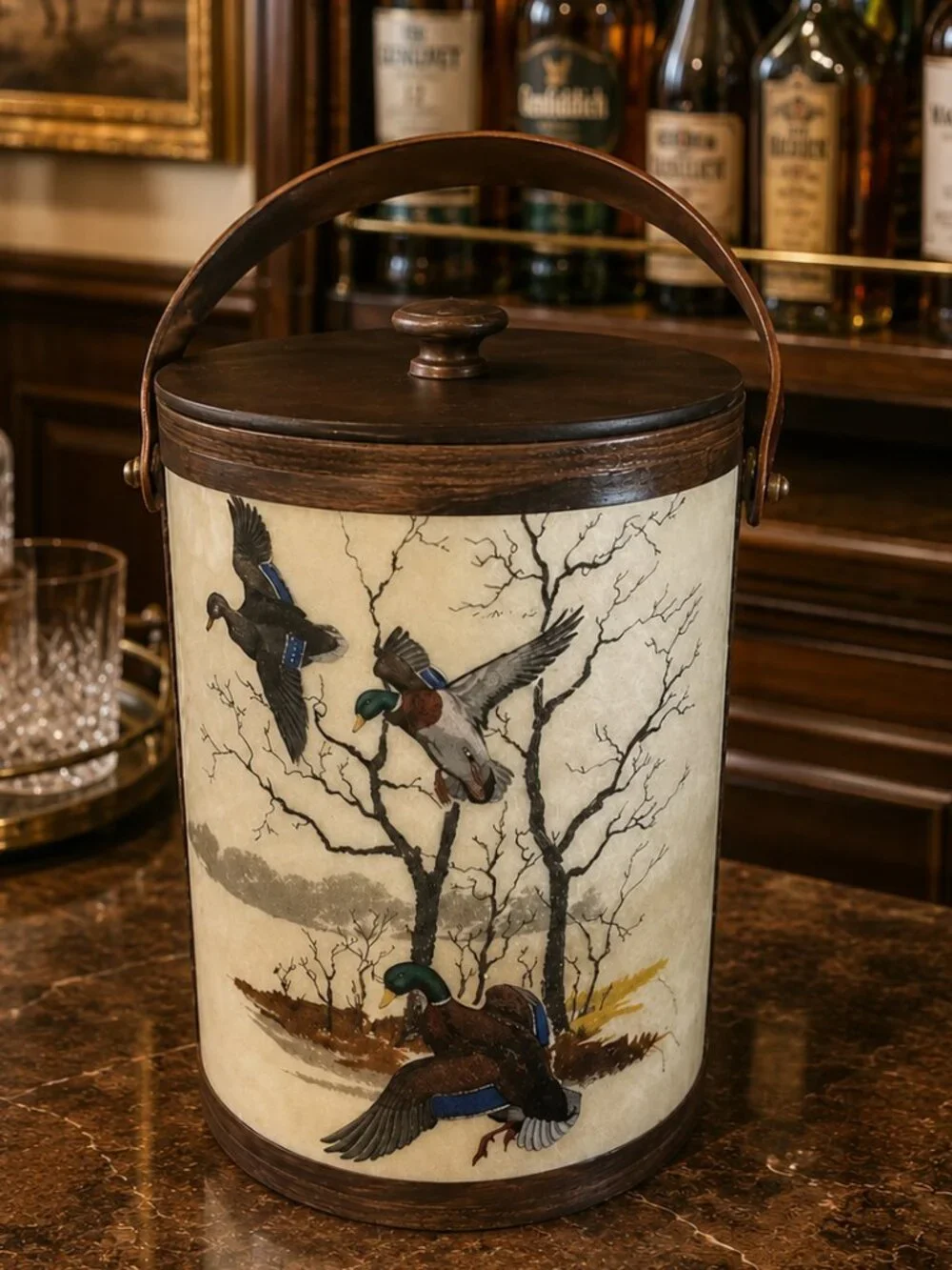 Vintage Mallard Duck Ice Bucket With Detailed Wildlife and Leather Swing Handle